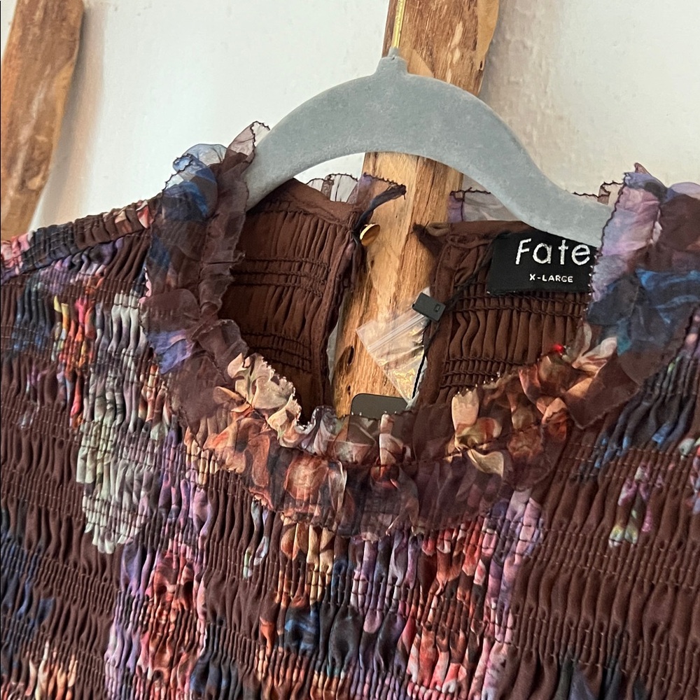 Fate Dark Brown Floral Smocked Sheer Peplum Blouse - Chocolate, Purple XL NWT - Picture 5 of 10